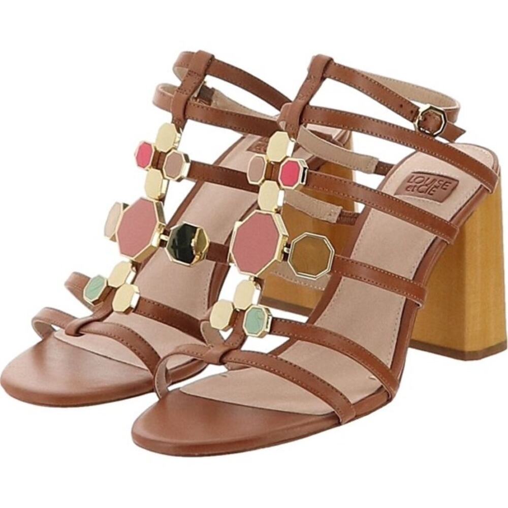 Louise et Cie Leather Jeweled T-Strap Gladiator Block Heel Sandals Cognac Brown - Picture 2 of 13